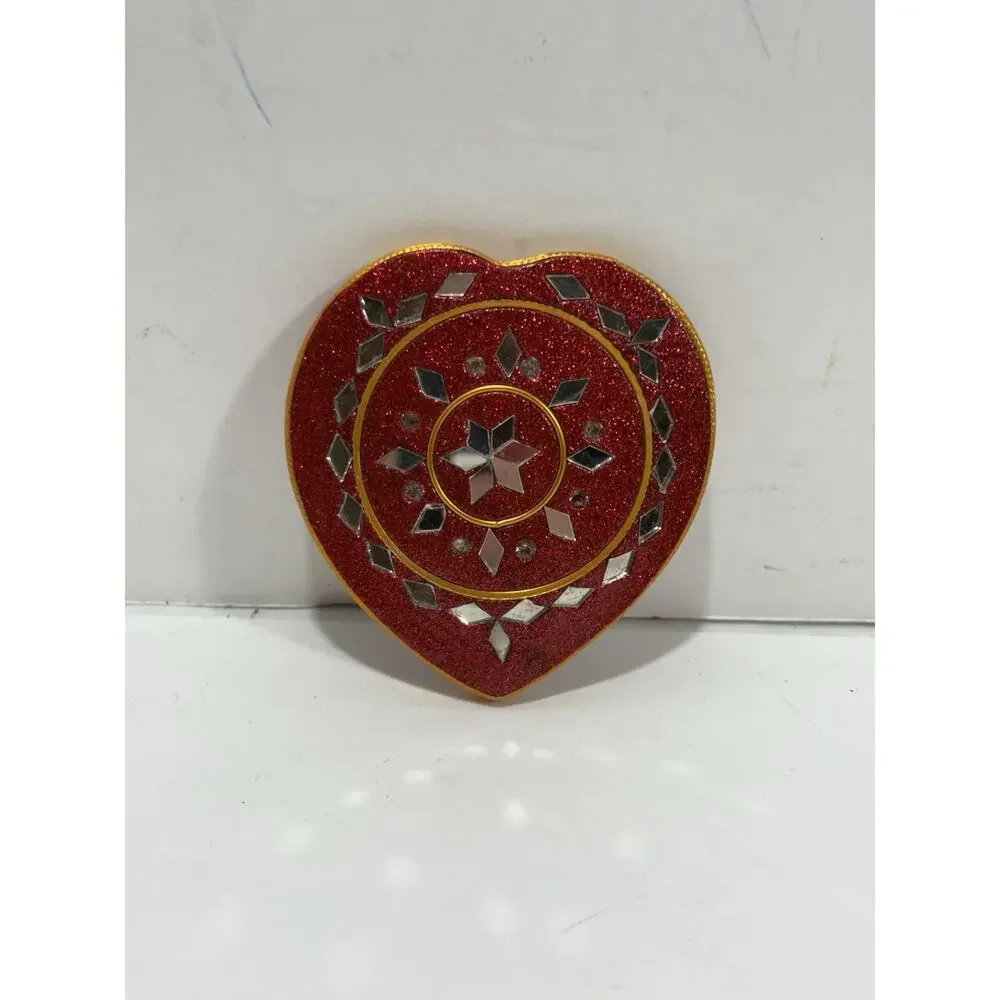 Heart shaped pocket mirror with Lac mirror work Bejeweled Red‎